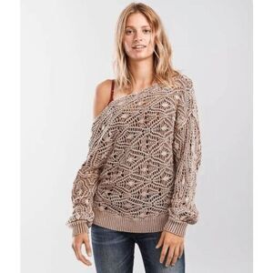 BKE Off Shoulder Washed Biscuit Crochet Pointelle Sweater NWT Size Small